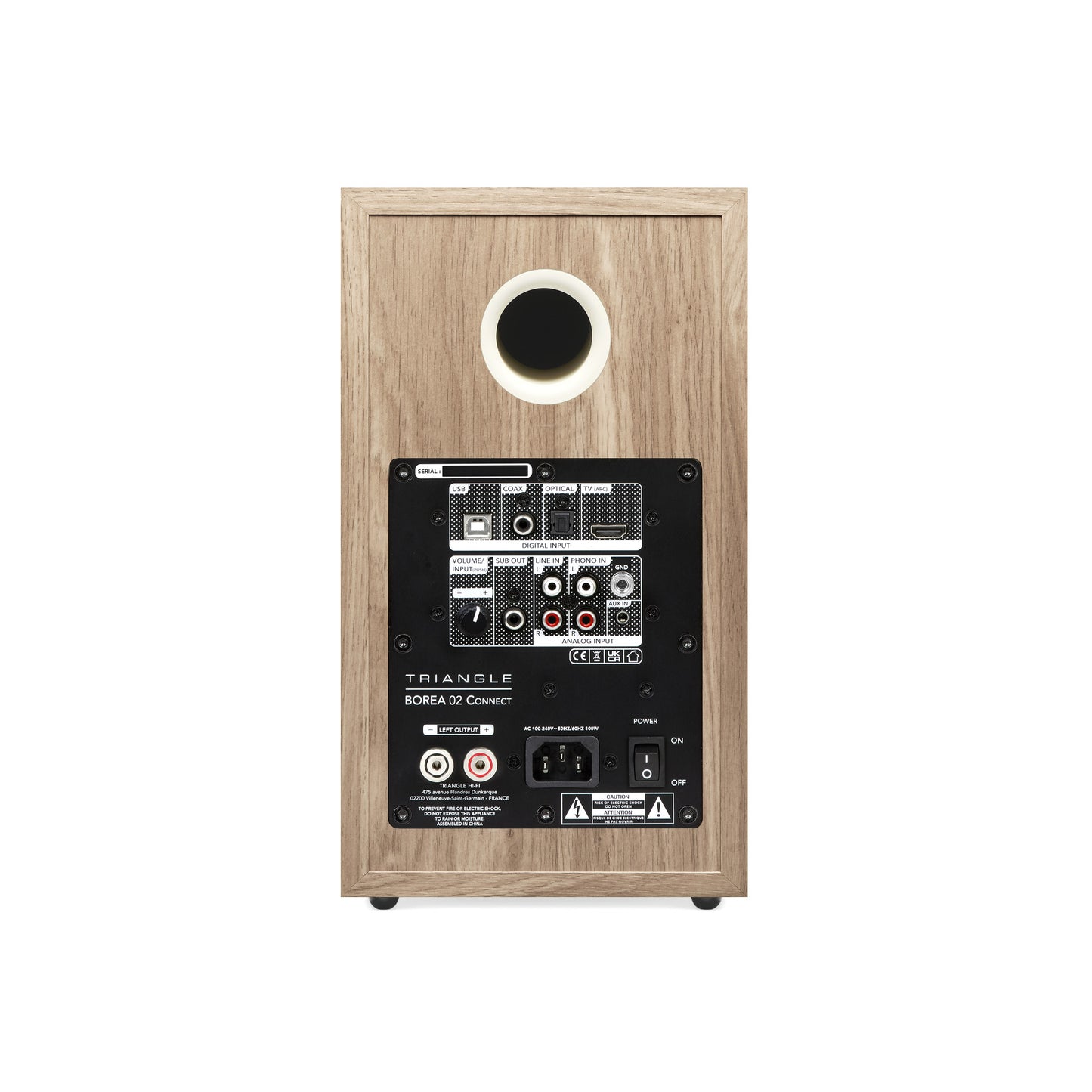 Triangle Borea BR02 Connect Light Oak speaker rear view showing connection panel