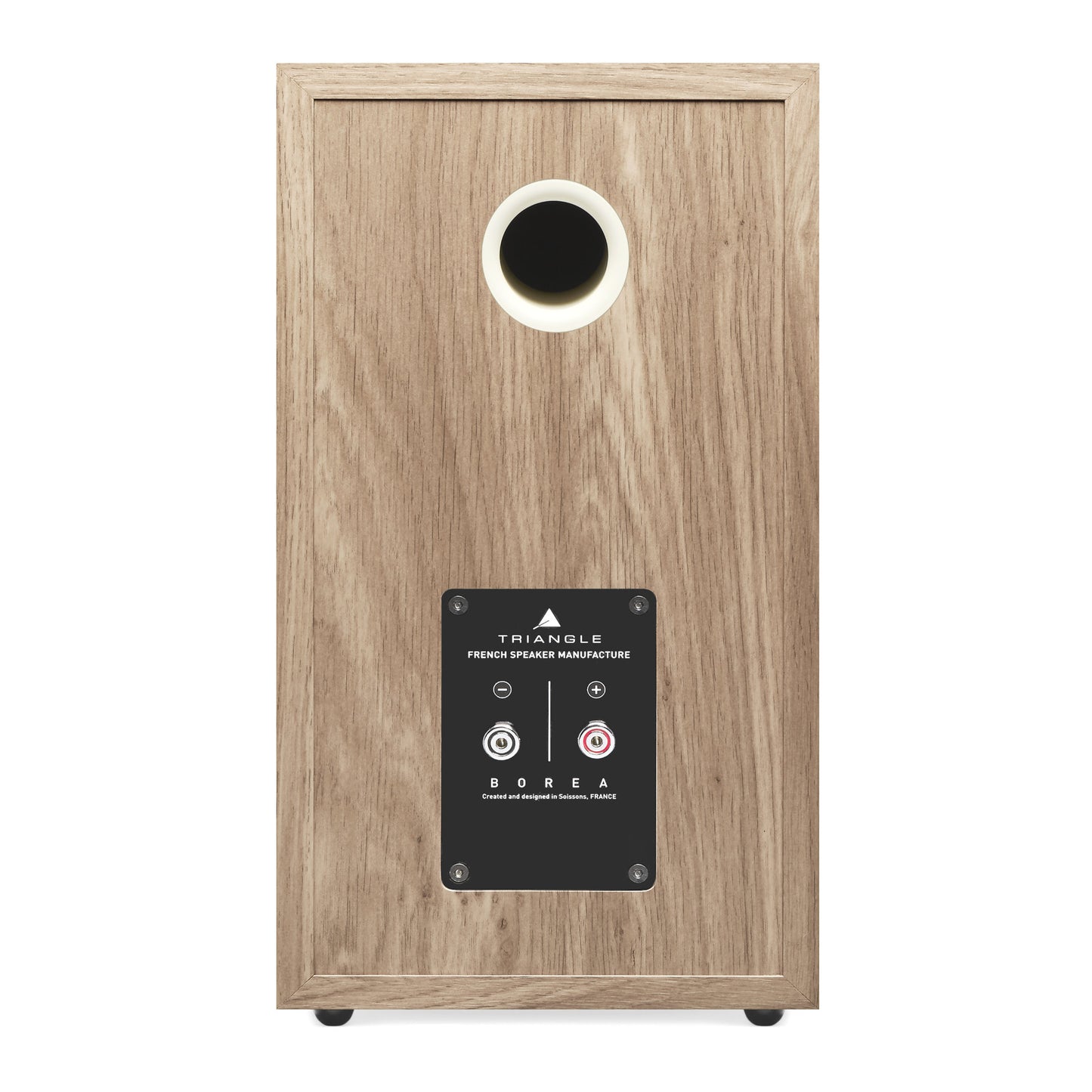 Triangle Borea BR02 Light Oak speaker rear view showing bass port and binding posts