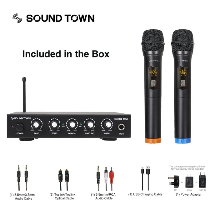 Sound Town SWM16-MAX digital karaoke mixer with 2 wireless microphones, compatible with Sonos soundbar or other soundbar with optical or HDMI inputs