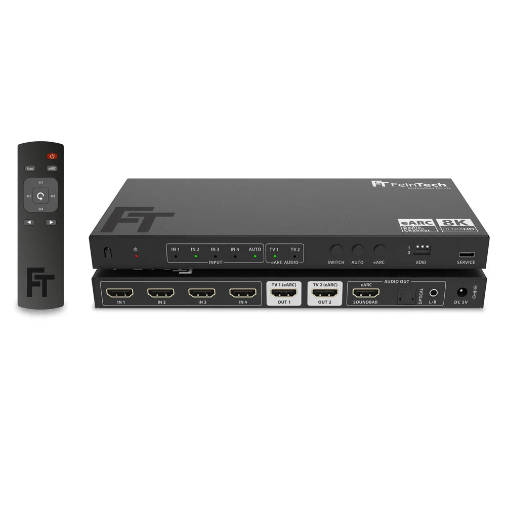 FeinTech AX341 (Like New) HDMI 2.1 eARC Splitter Switch 4 In 2 Out + Audio Extractor to eARC Soundbar, Optical & AUX