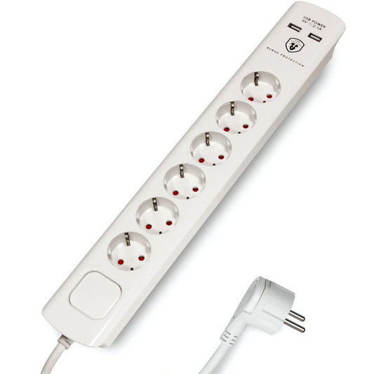 FeinTech 3m Power strip with 2 USB ports and flat plug 6 Outlets