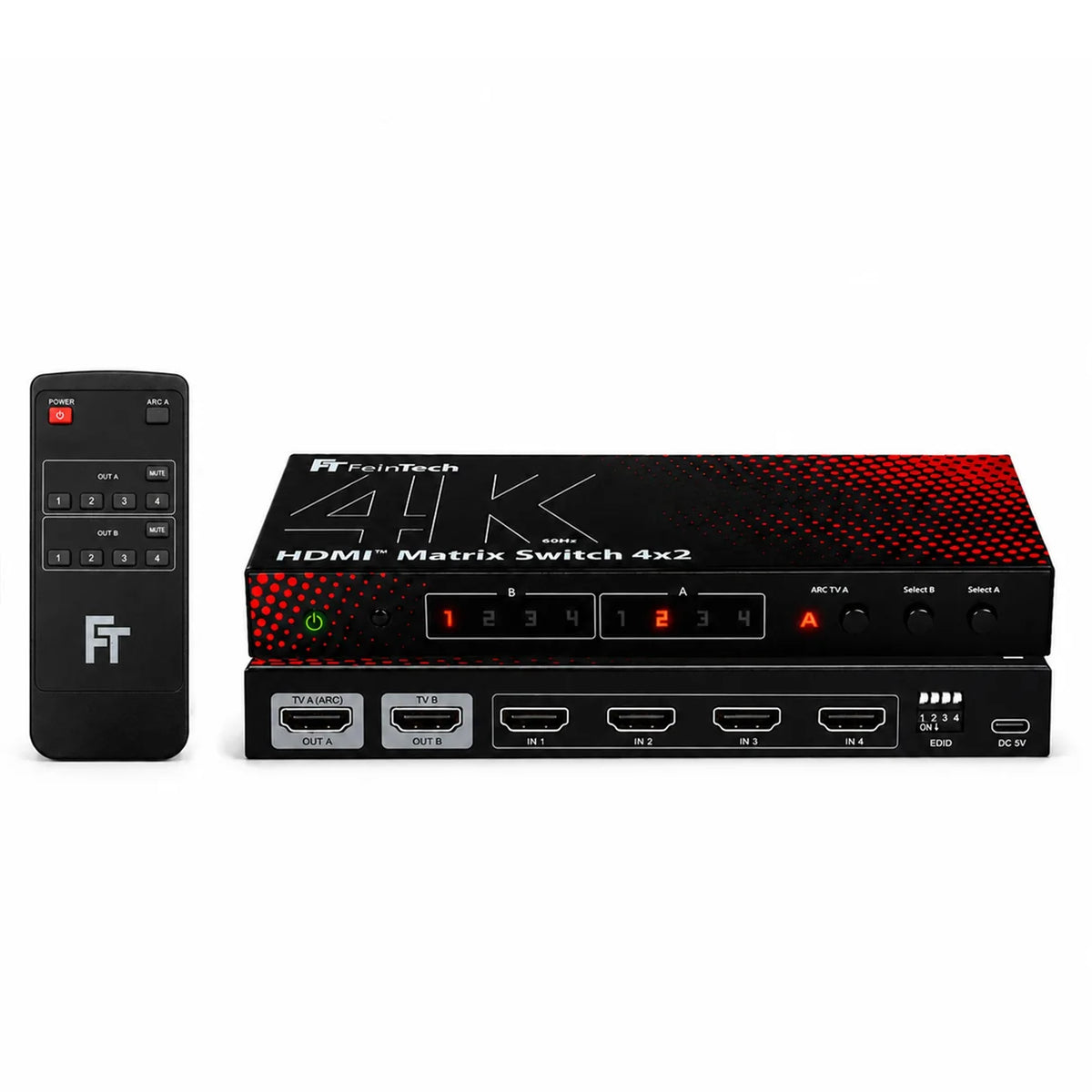FeinTech MS420 HDMI 2.0 Matrix Switch 4 In 2 Out with Audio Extractor, ARC & Downscaler | 4K 60Hz