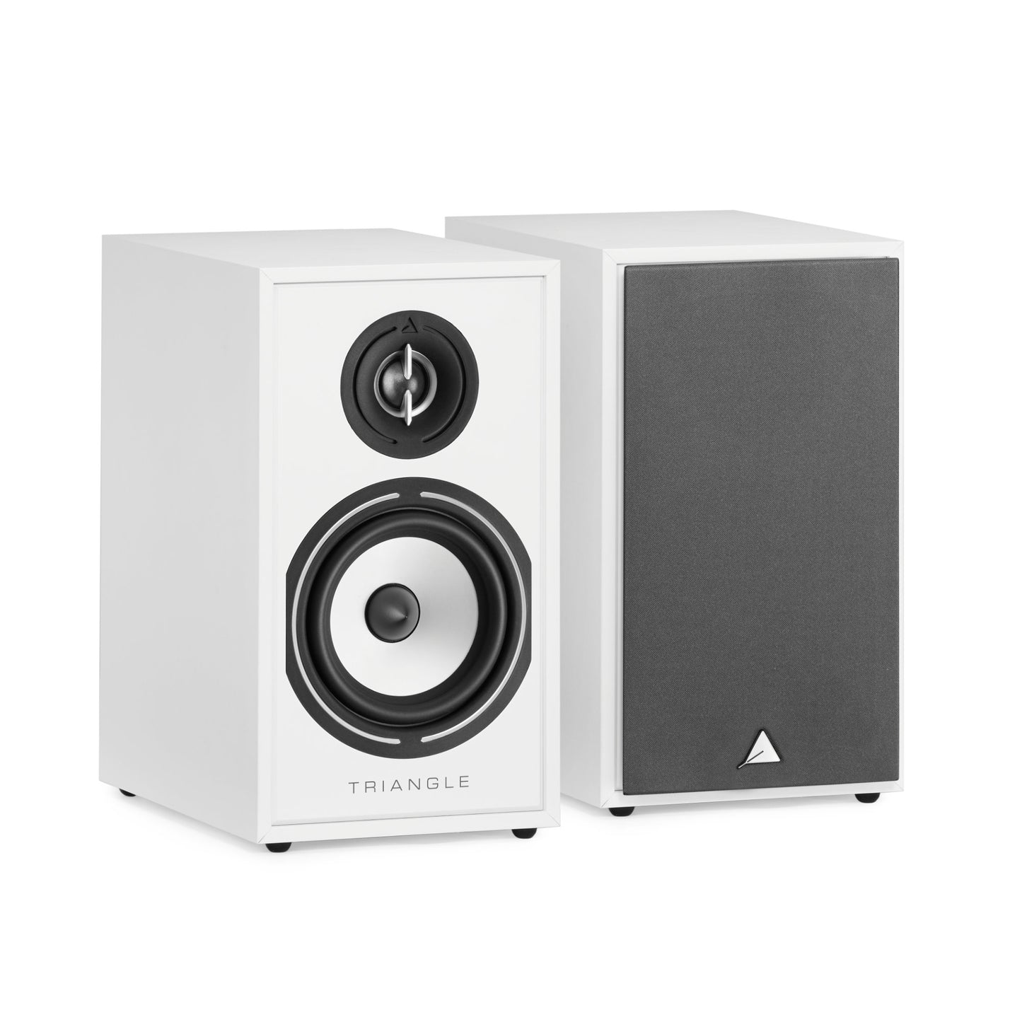 Triangle Borea BR02 White pair, one speaker with grille off showing tweeter and midwoofer, one with grille on