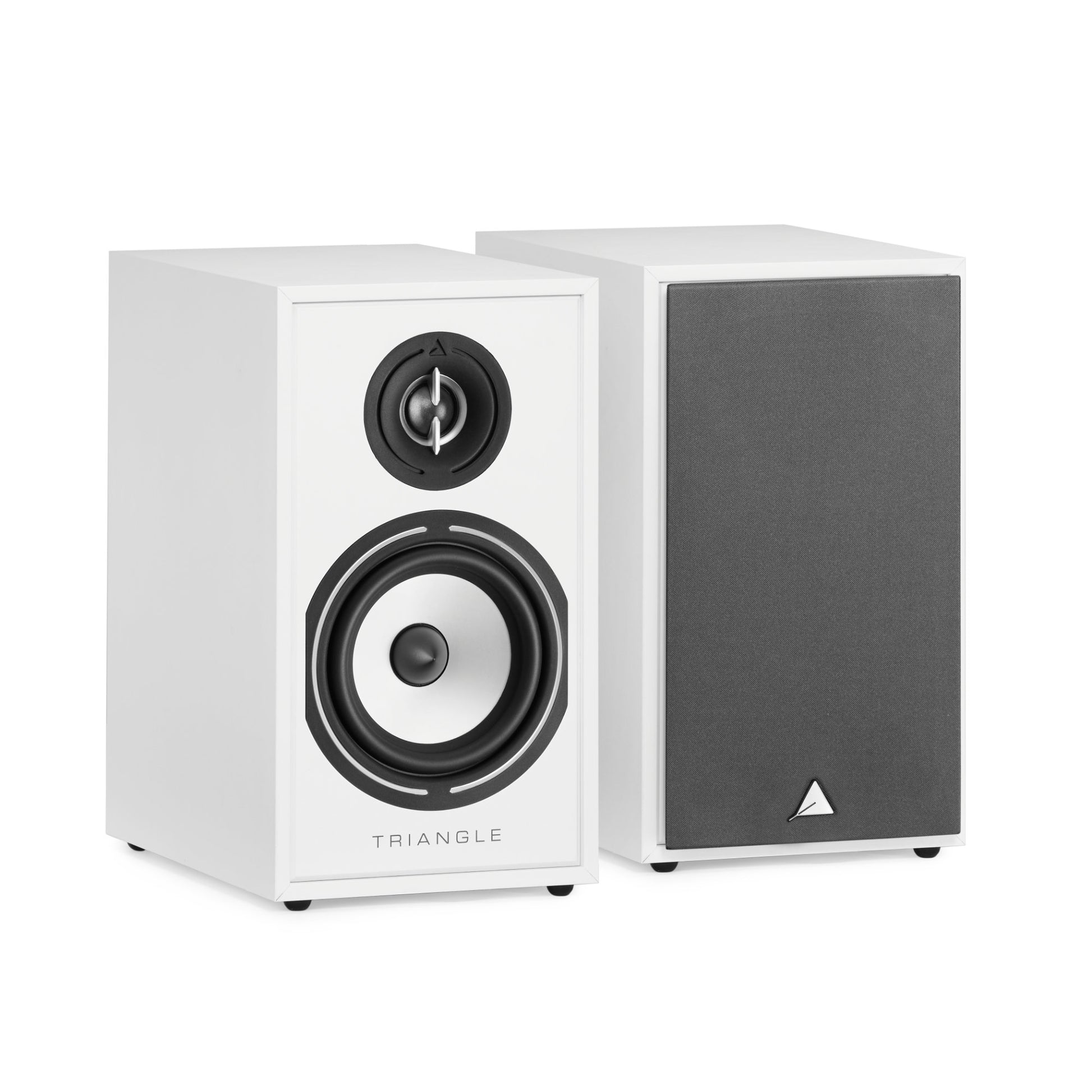 Triangle Borea BR02 White pair, one speaker with grille off showing tweeter and midwoofer, one with grille on