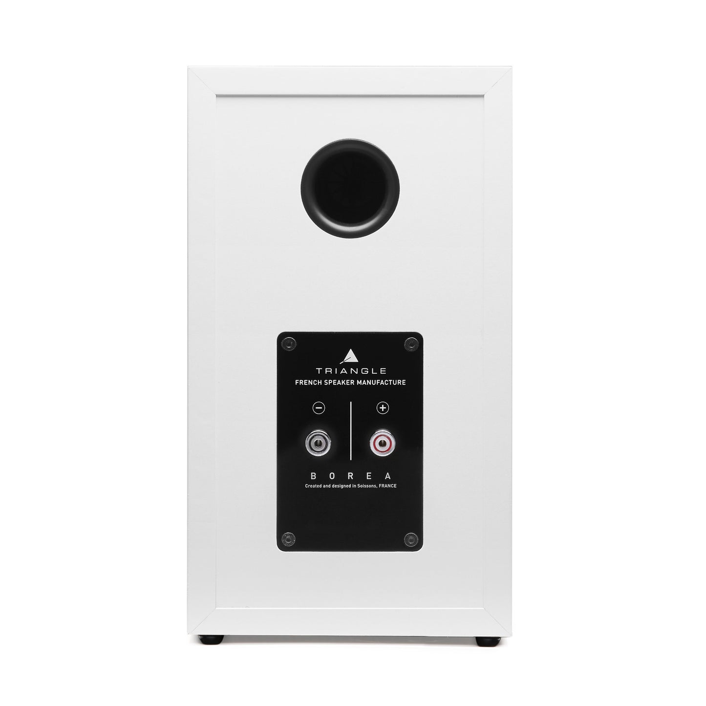 Triangle Borea BR02 White speaker rear view showing bass port and binding posts