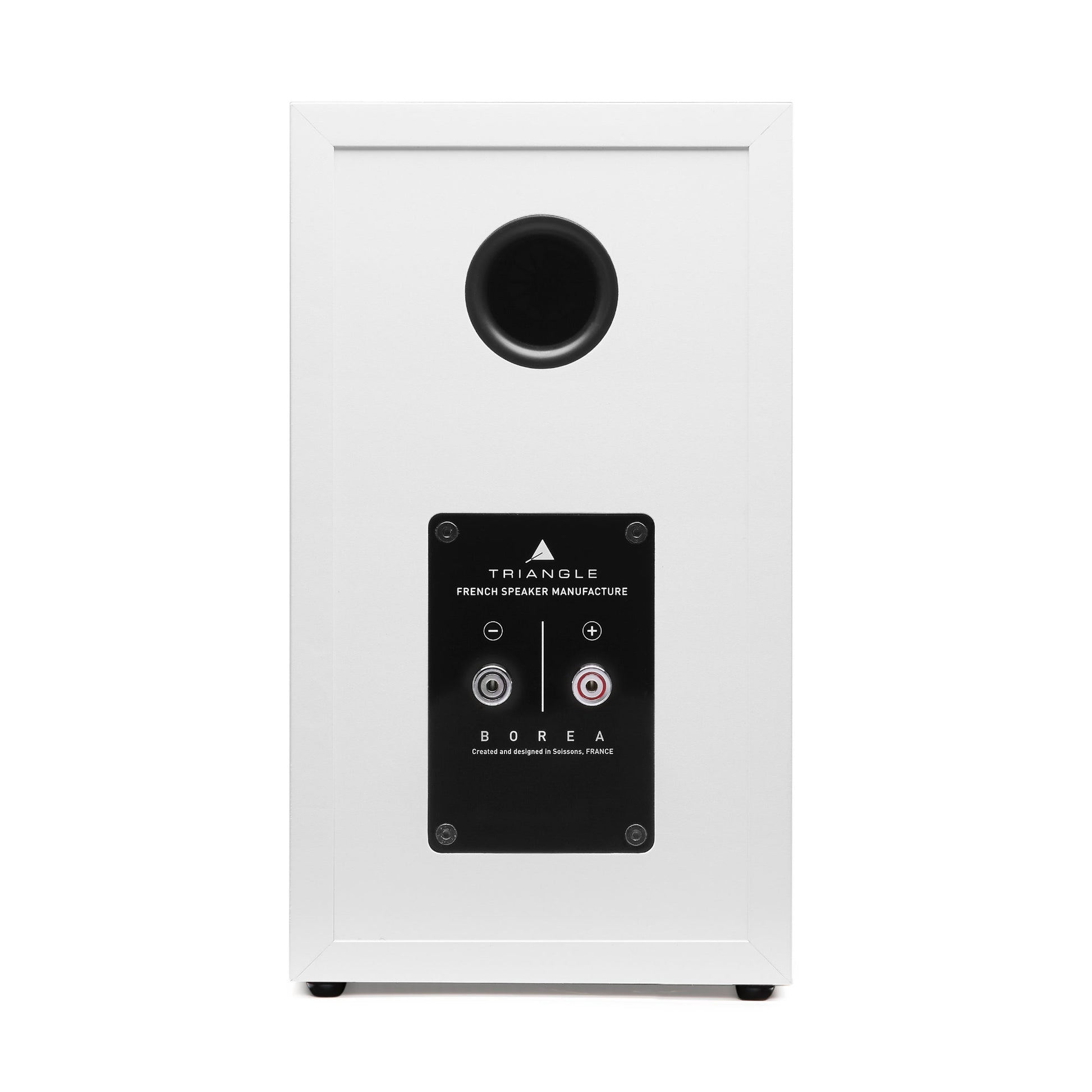 Triangle Borea BR02 White speaker rear view showing bass port and binding posts
