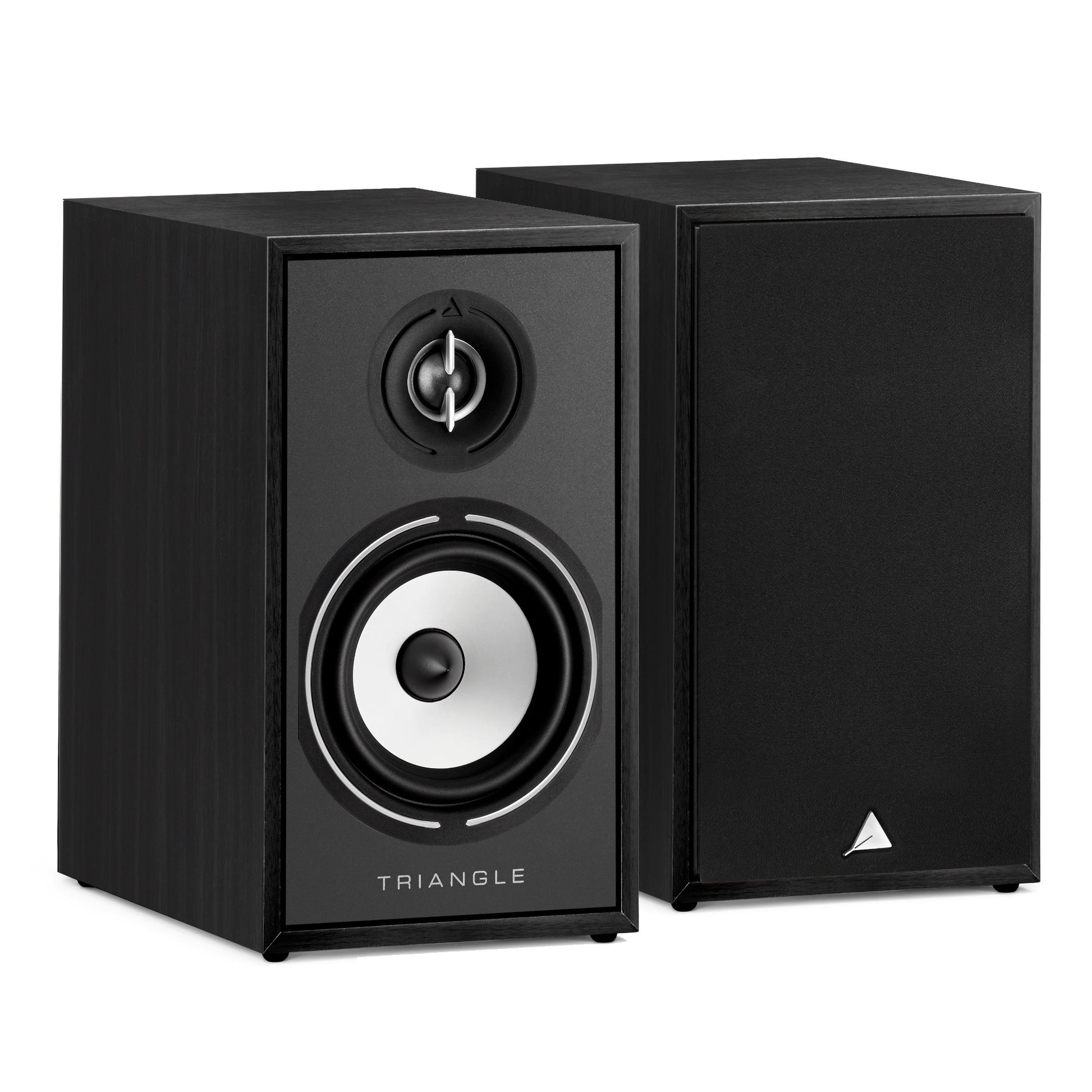 Triangle Borea BR02 Black pair, one speaker with grille off showing tweeter and midwoofer, one with grille on