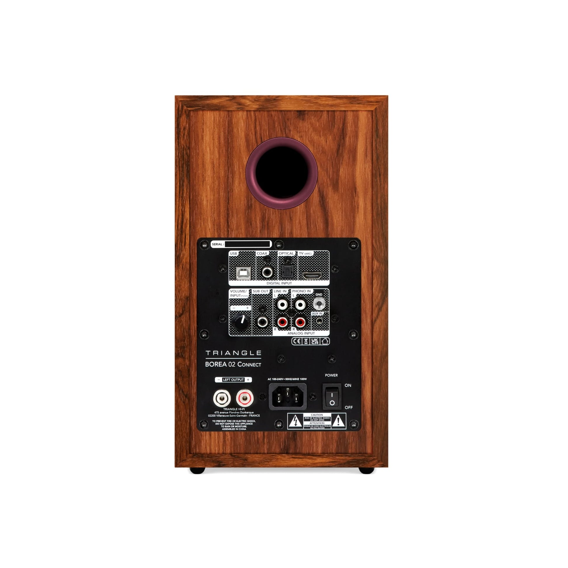 Triangle Borea BR02 Connect Burgundy speaker rear view showing connection panel