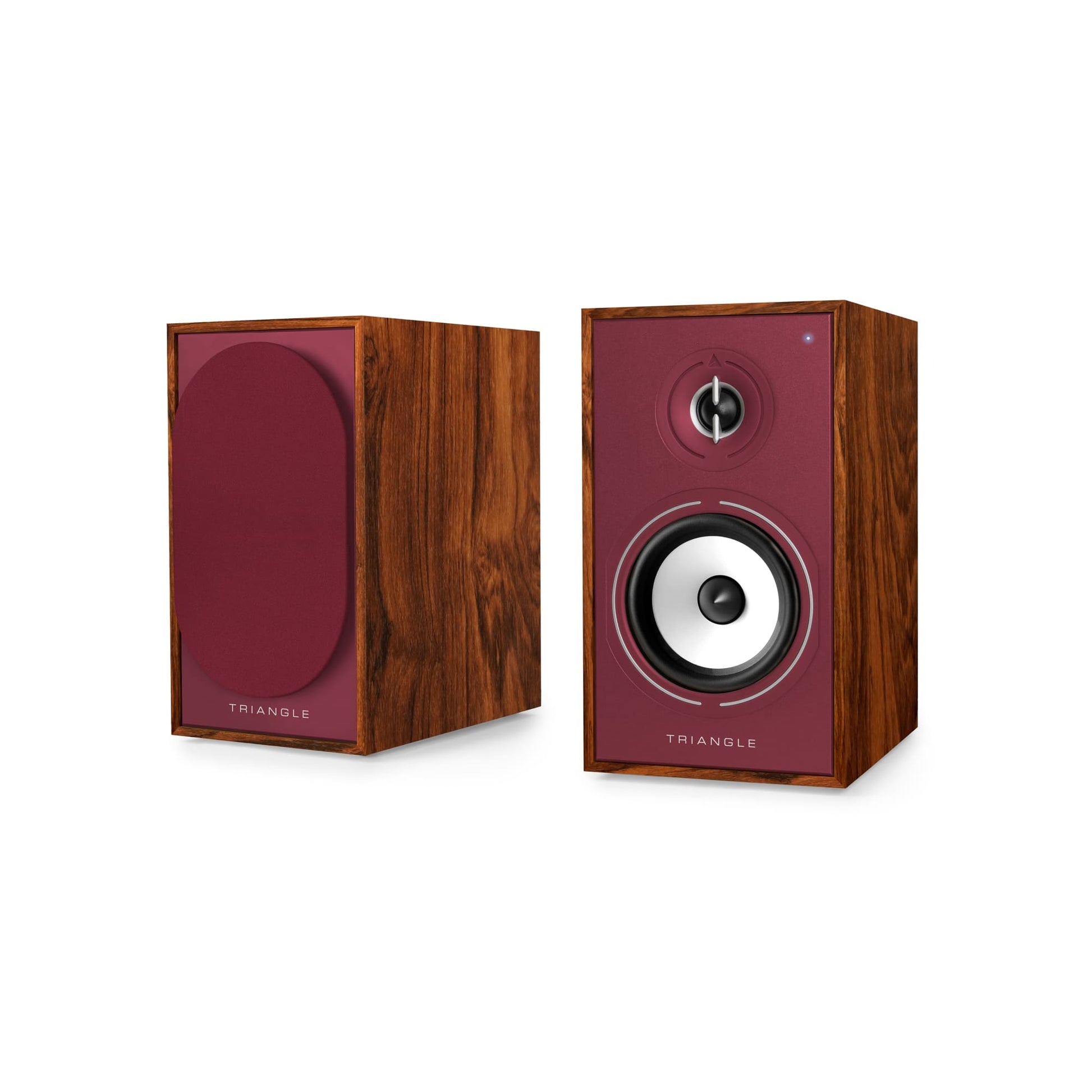 Triangle Borea BR02 Connect Burgundy pair, one speaker grille off, one grille on
