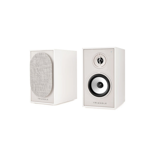 Triangle Borea BR02 Connect Cream pair, one speaker grille off, one grille on