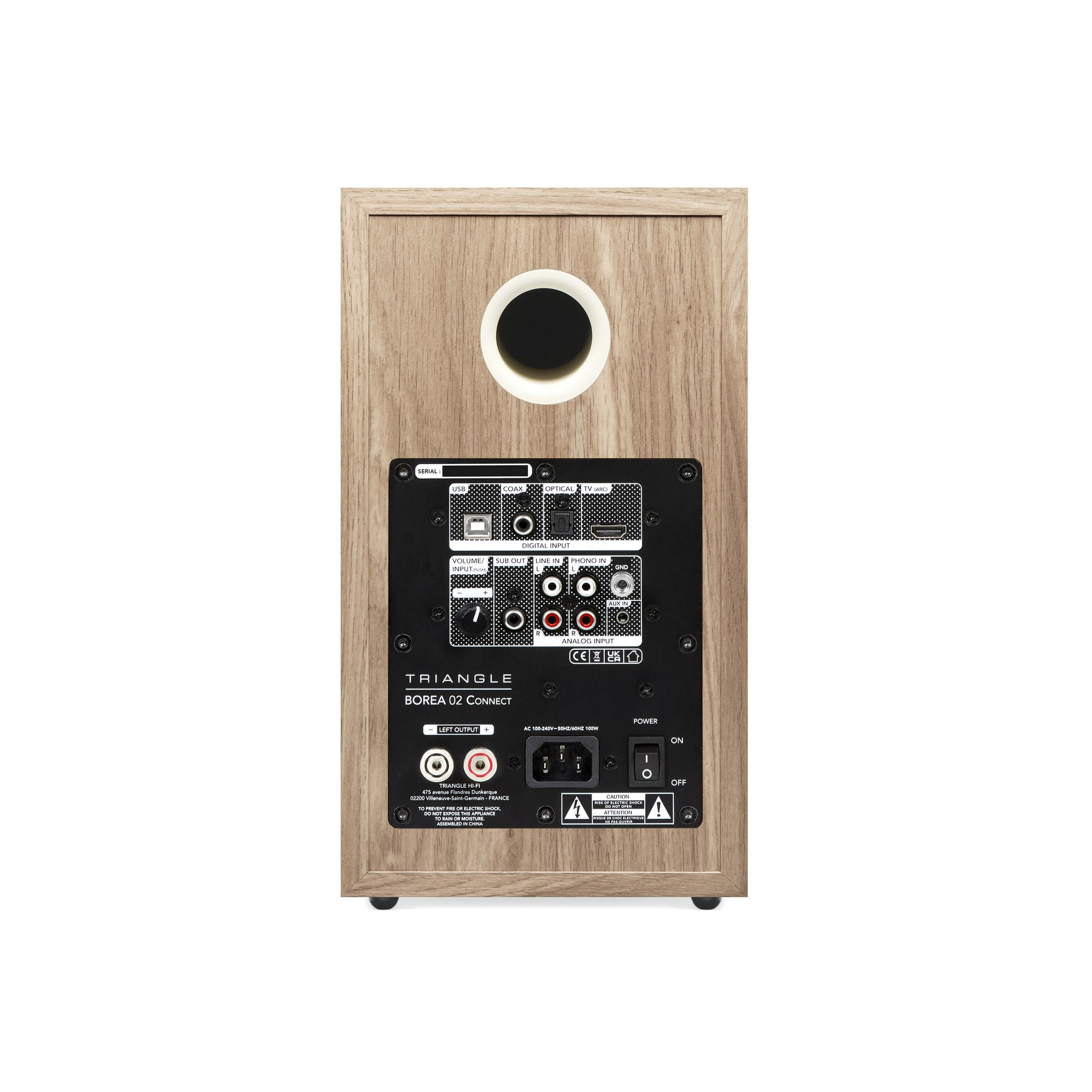 Triangle Borea BR02 Connect Light Oak speaker rear view showing connection panel