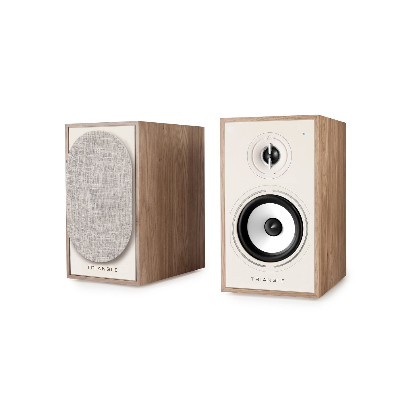 Triangle Borea BR02 Connect Light Oak pair, one speaker grille off, one grille on