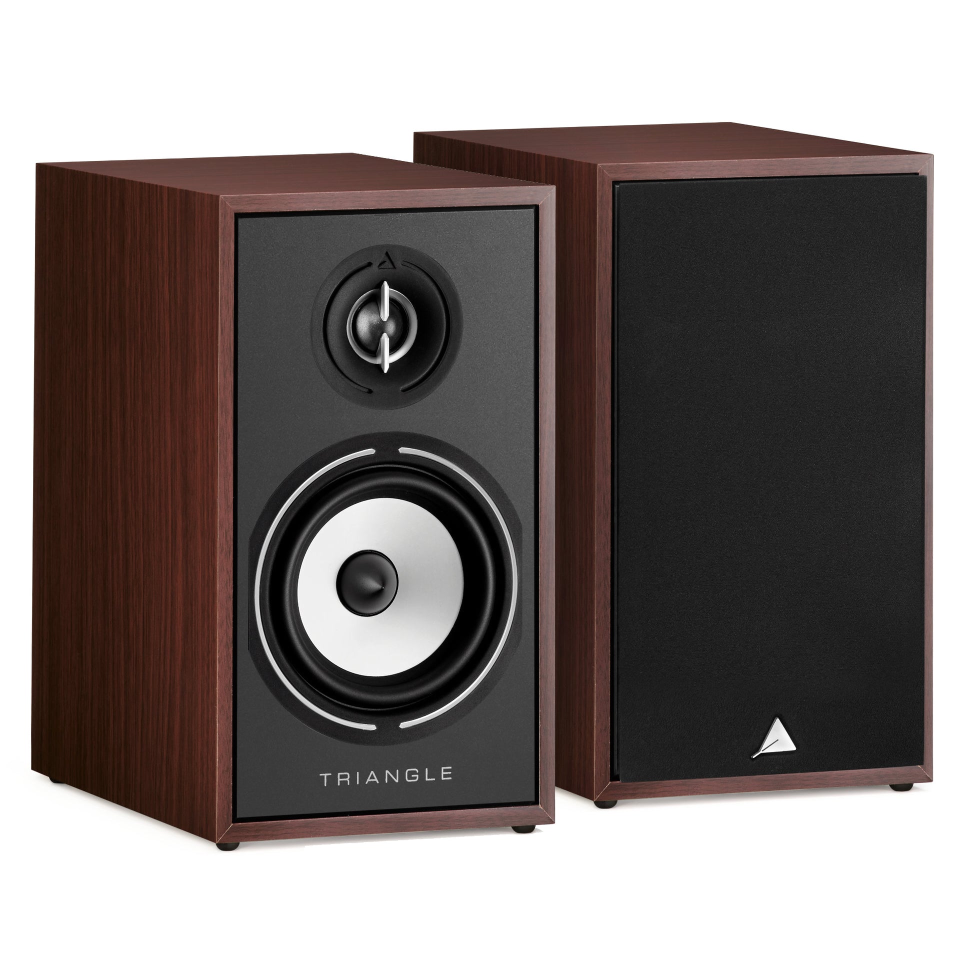 Triangle Borea BR02 Walnut pair, one speaker with grille off showing tweeter and midwoofer, one with grille on