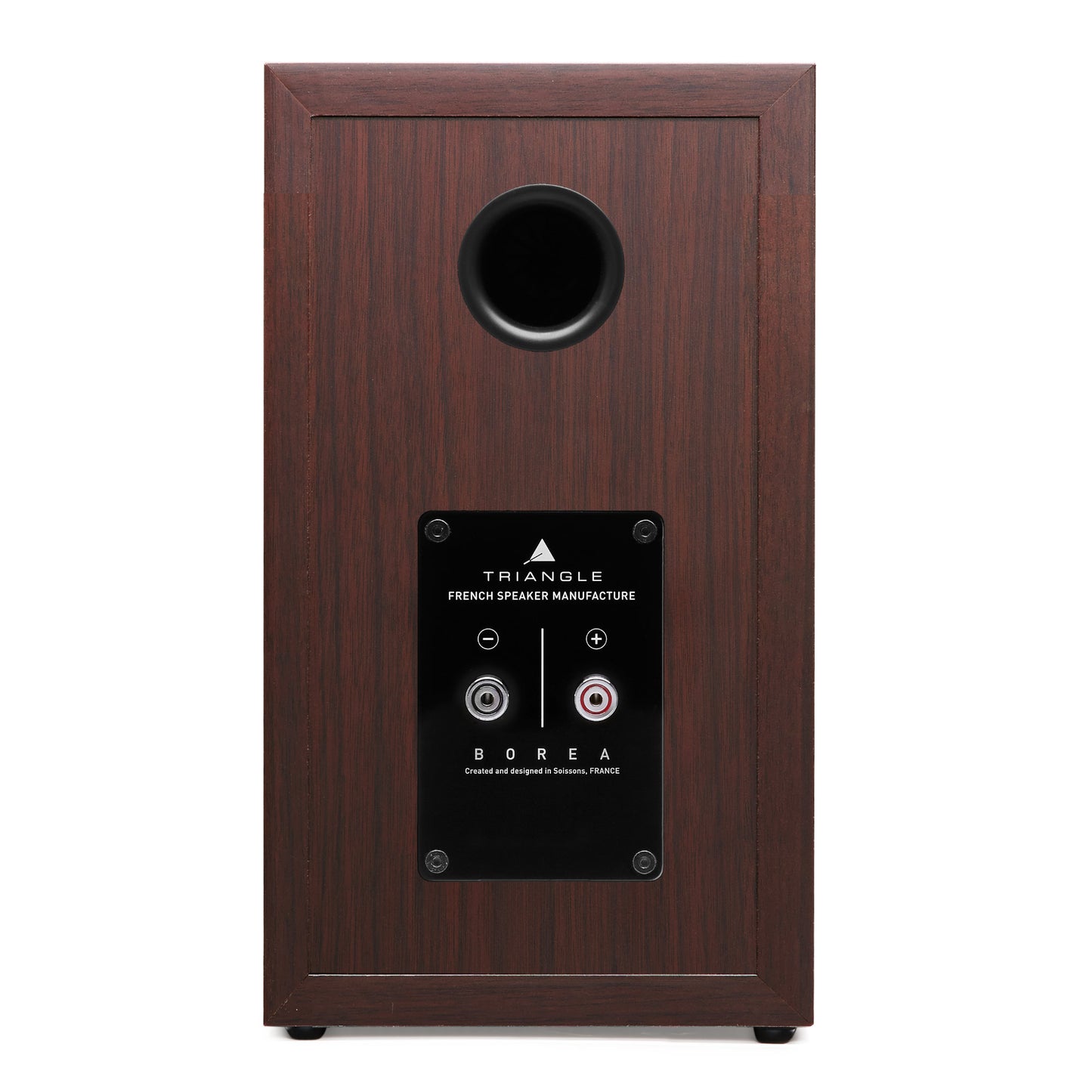 Triangle Borea BR02 Walnut speaker rear view showing bass port and binding posts