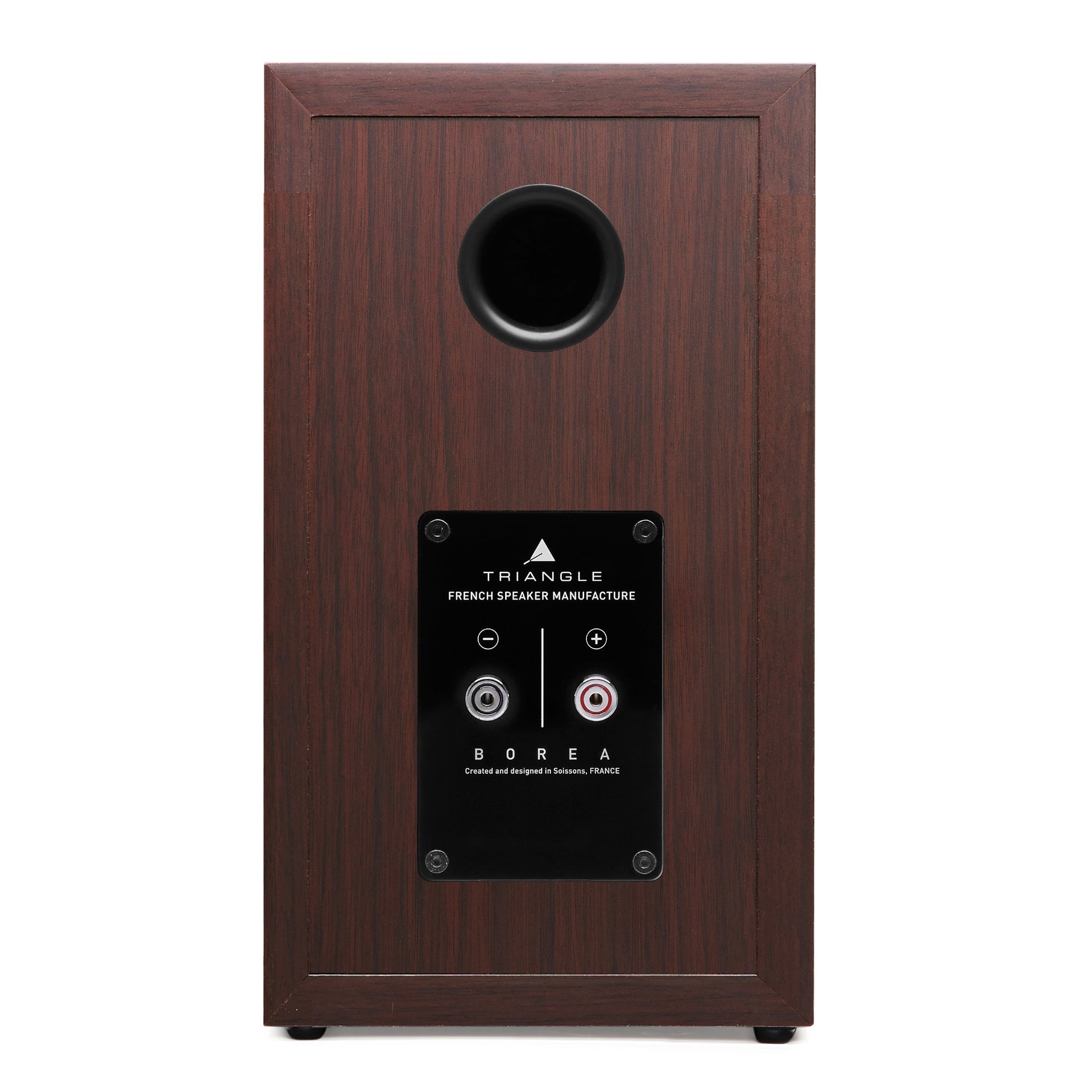 Triangle Borea BR02 Walnut speaker rear view showing bass port and binding posts