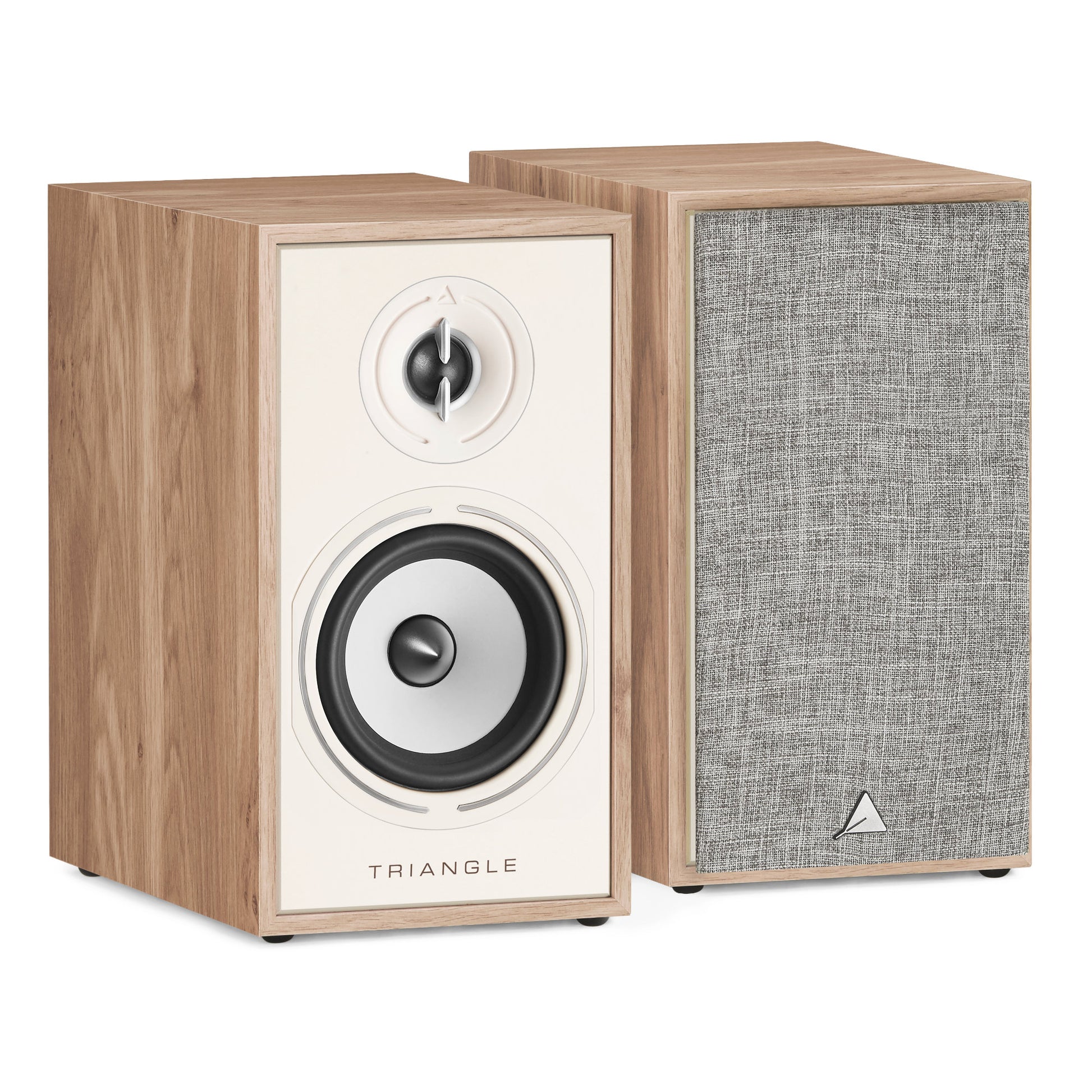 Triangle Borea BR02 Light Oak pair, one speaker with grille off showing tweeter and midwoofer, one with grille on