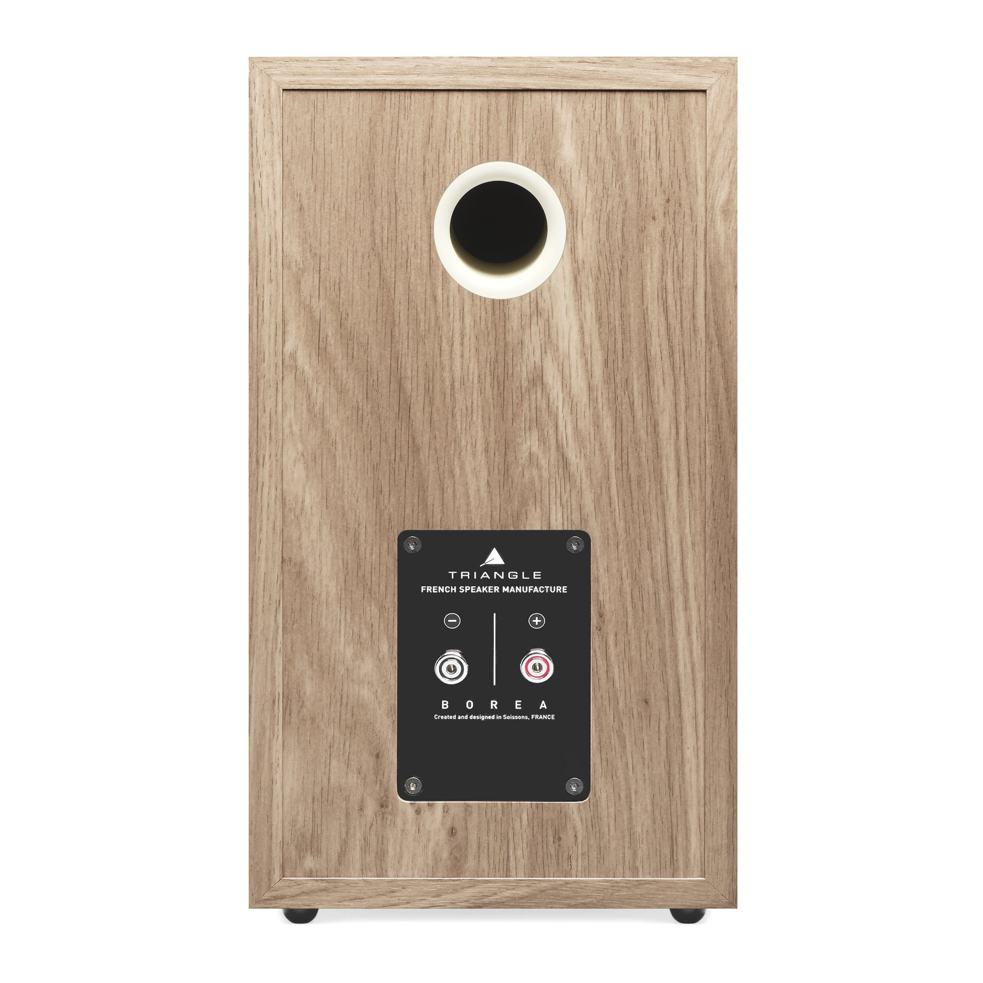 Triangle Borea BR02 Light Oak speaker rear view showing bass port and binding posts